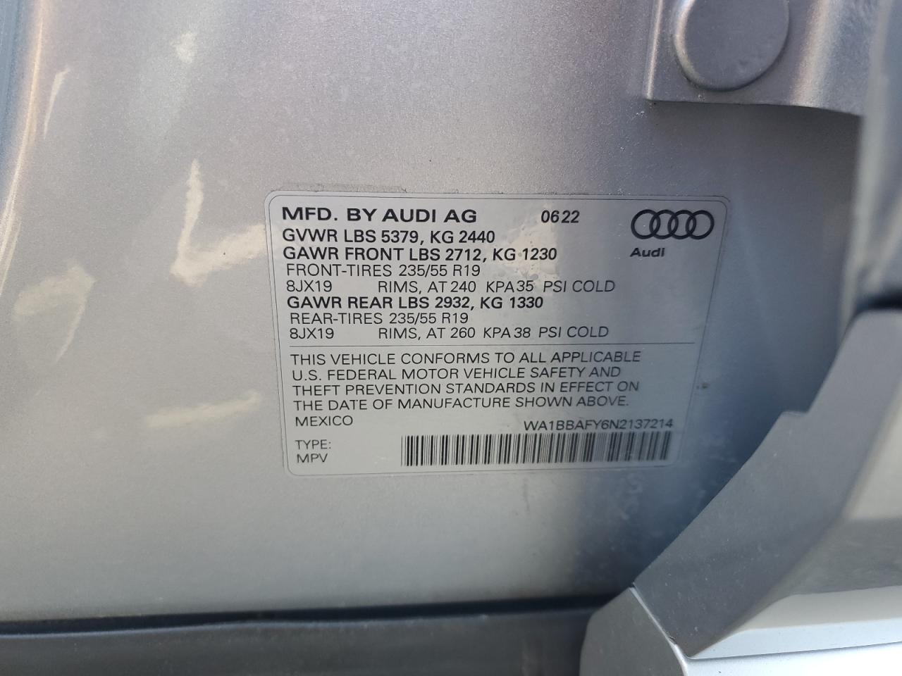 2022 AUDI Q5 PREMIUM PLUS 40 VIN:WA1BBAFY6N2137214