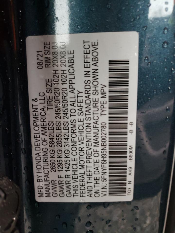 2022 HONDA PILOT TOURING VIN:5FNYF6H95NB002780