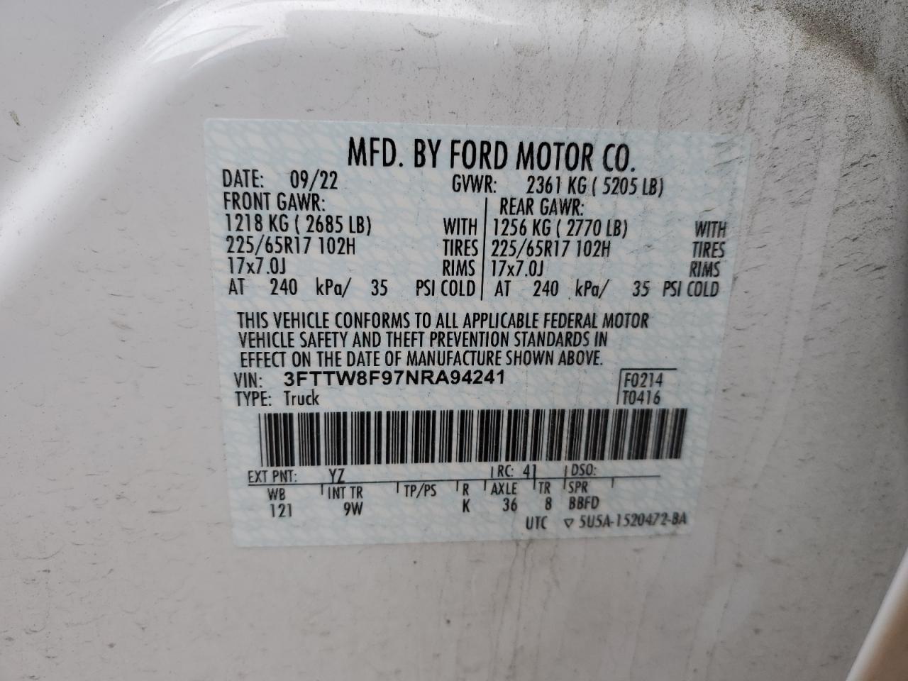 2022 FORD MAVERICK XL VIN:3FTTW8F97NRA94241