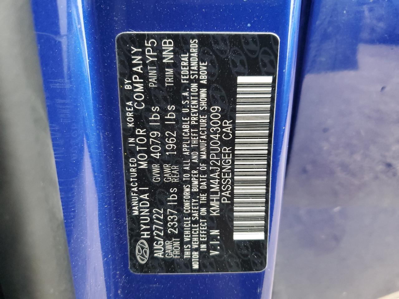 2023 HYUNDAI ELANTRA BLUE VIN:KMHLM4AJ2PU043009