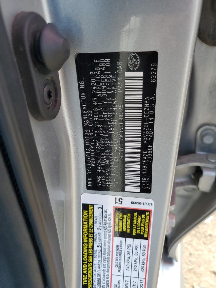 2022 TOYOTA CAMRY LE VIN:4T1C11AK3NU698325