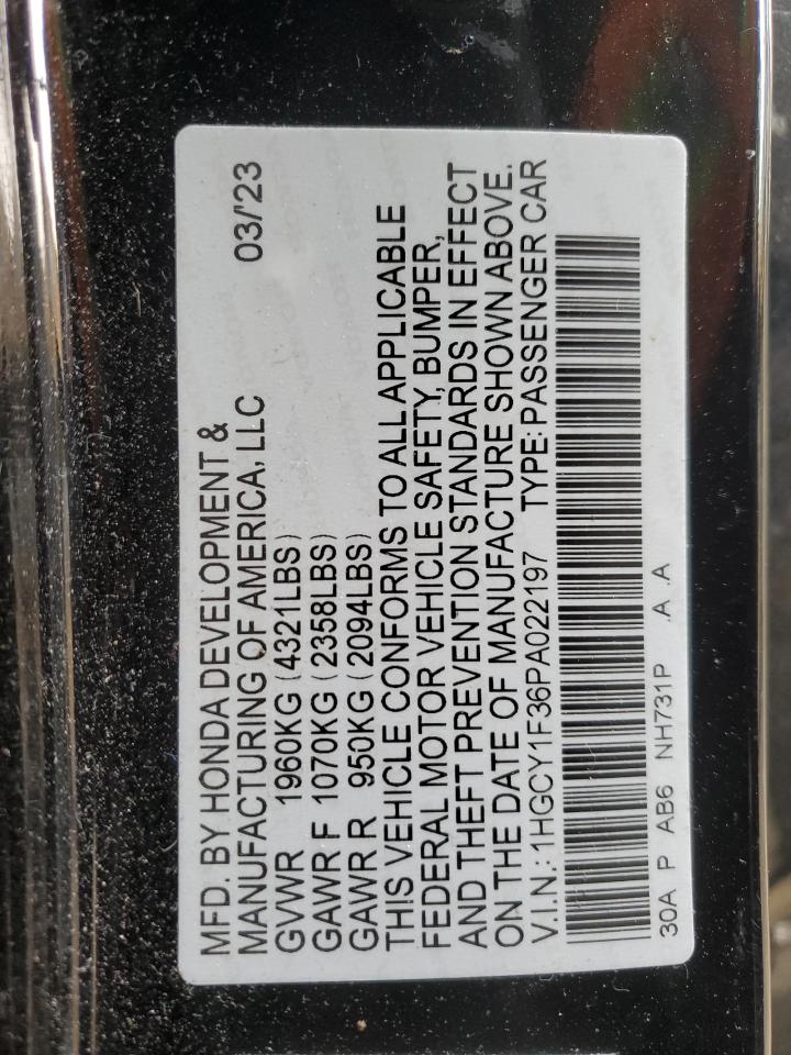 2023 HONDA ACCORD EX VIN:1HGCY1F36PA022197