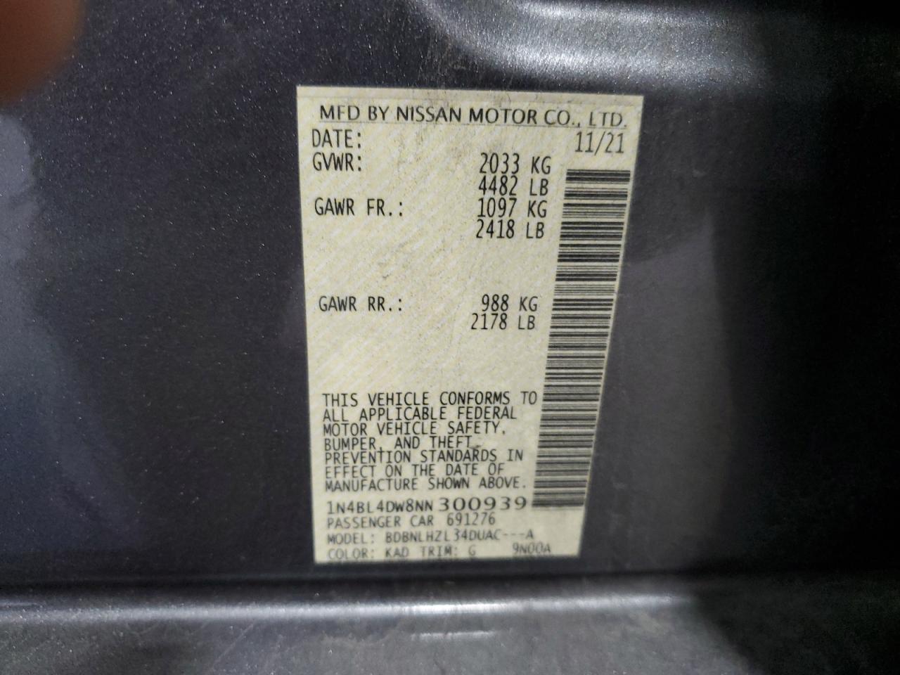 2022 NISSAN ALTIMA SV VIN:1N4BL4DW8NN300939