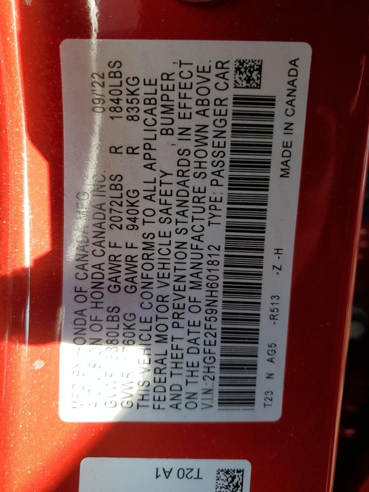 2022 HONDA CIVIC SPORT VIN:2HGFE2F59NH601812