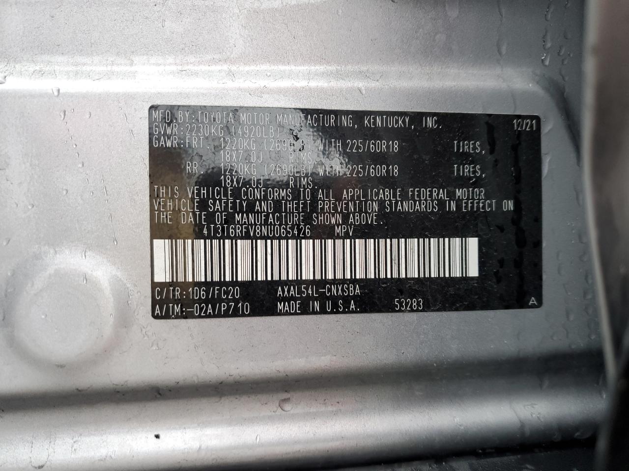 2022 TOYOTA RAV4 SE VIN:4T3T6RFV8NU065426