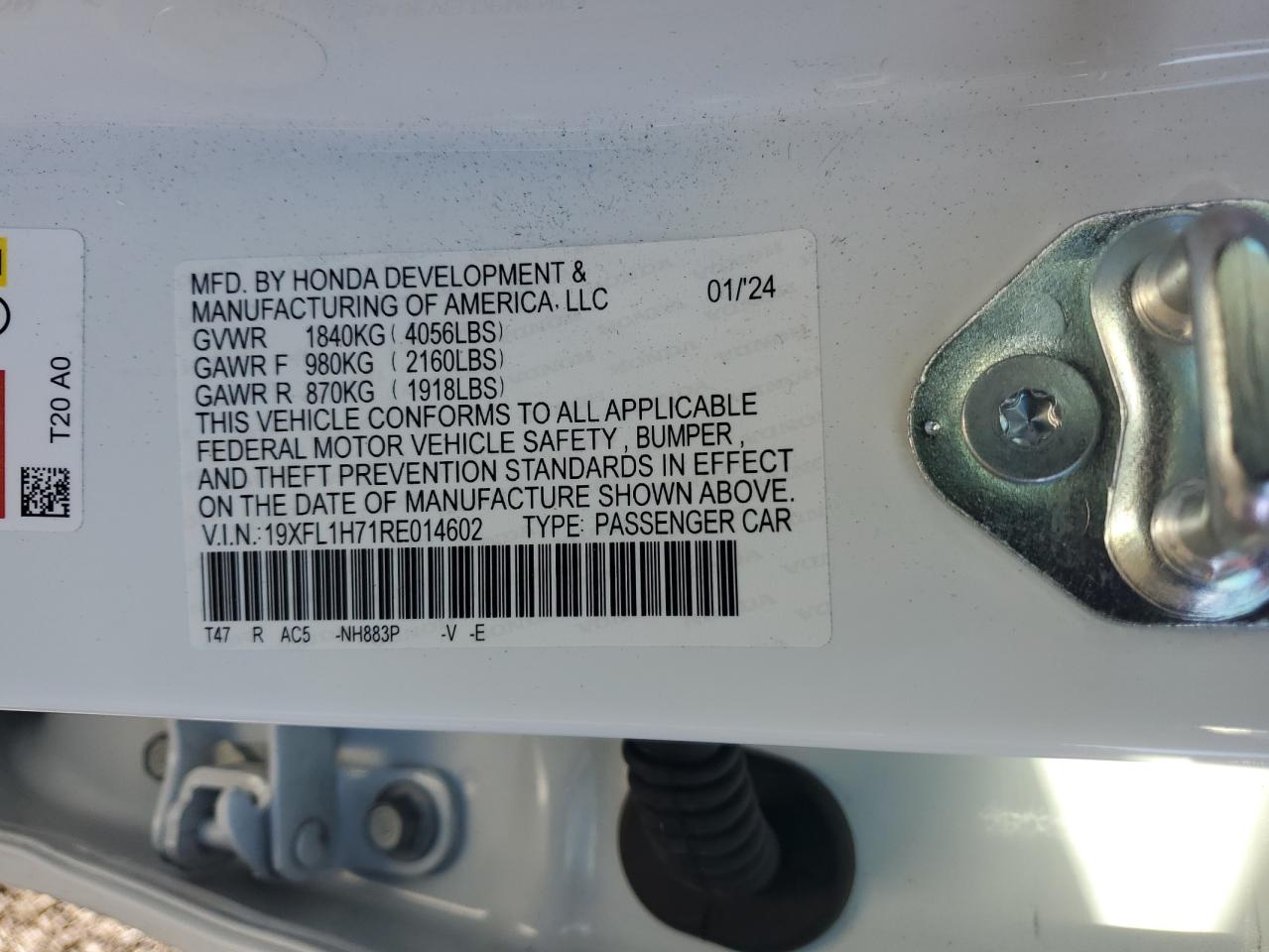 2024 HONDA CIVIC EXL VIN:19XFL1H71RE014602