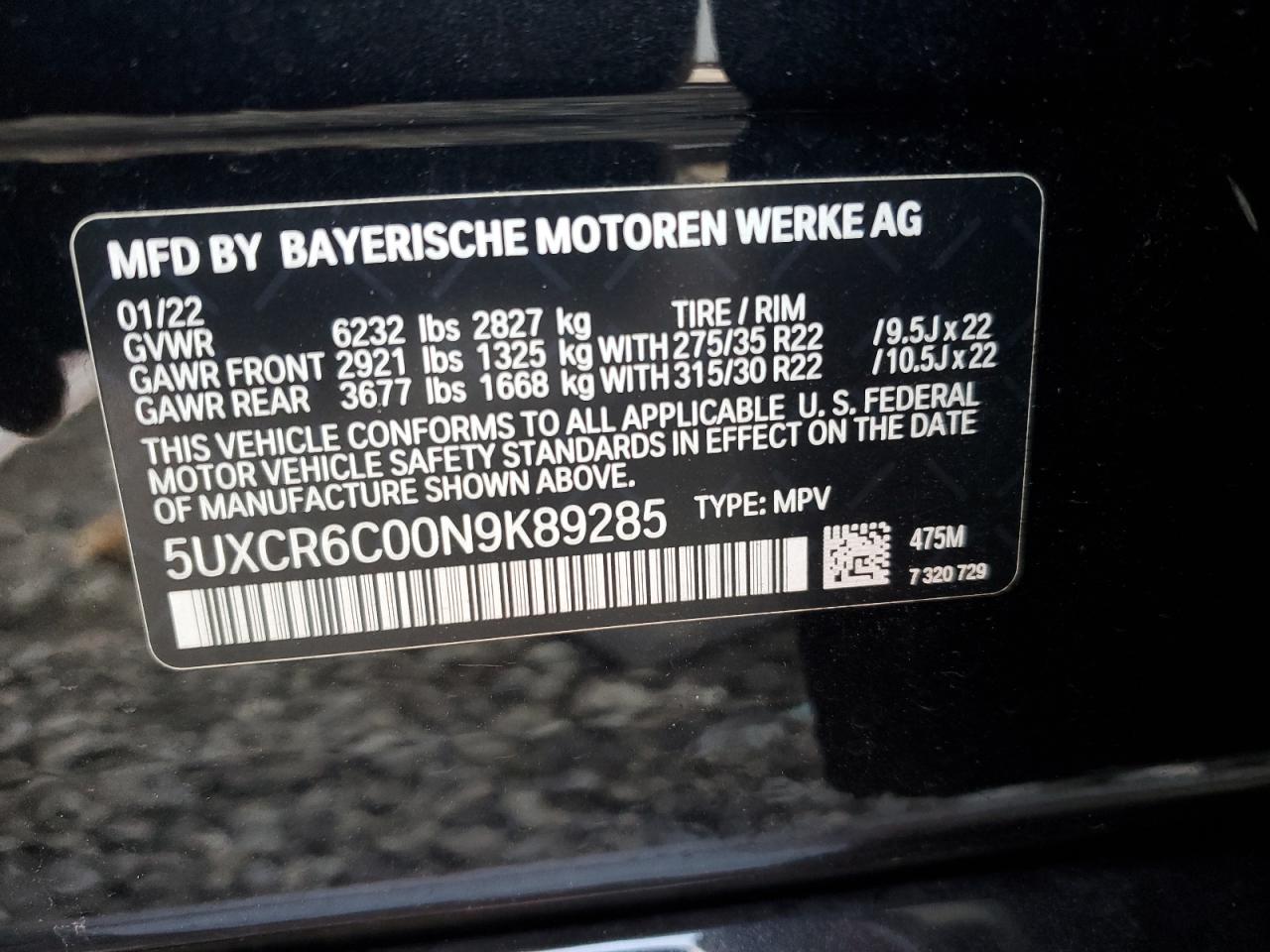 2022 BMW X5 XDRIVE40I VIN:5UXCR6C00N9K89285