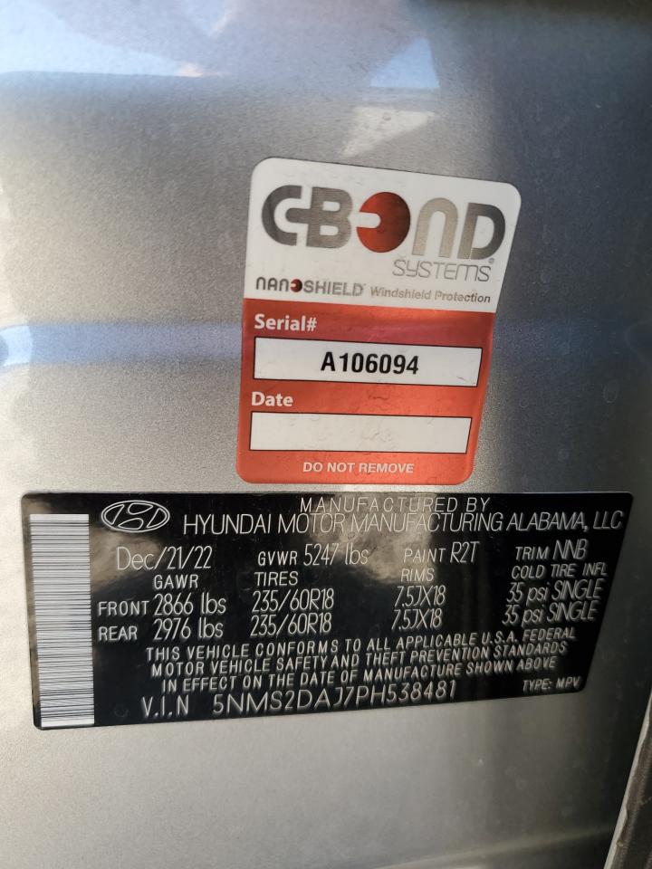 2023 HYUNDAI SANTA FE SEL VIN:5NMS2DAJ7PH538481