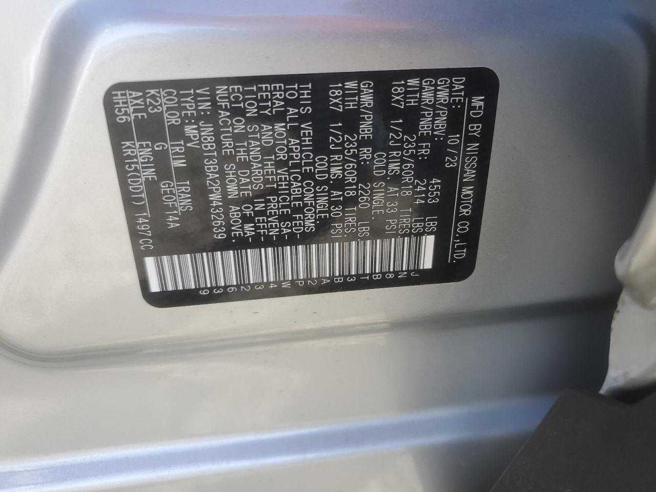 2023 NISSAN ROGUE SV VIN:JN8BT3BA2PW432639