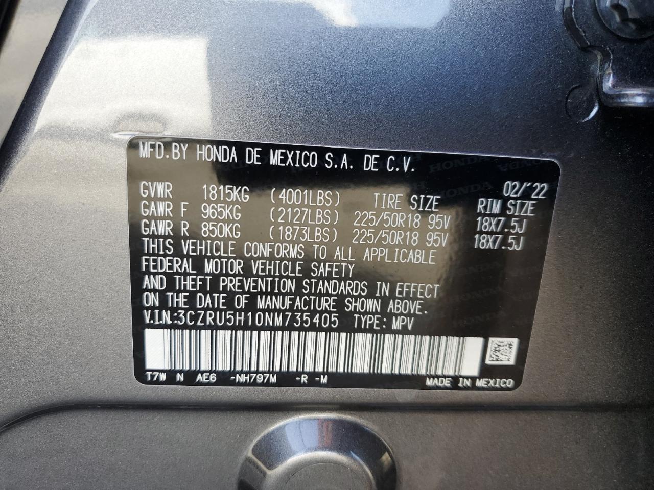 2022 HONDA HR-V SPORT VIN:3CZRU5H10NM735405