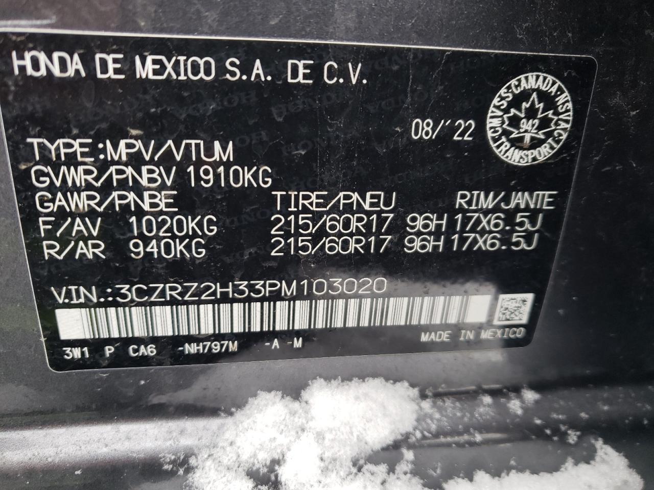 2023 HONDA HR-V LX VIN:3CZRZ2H33PM103020