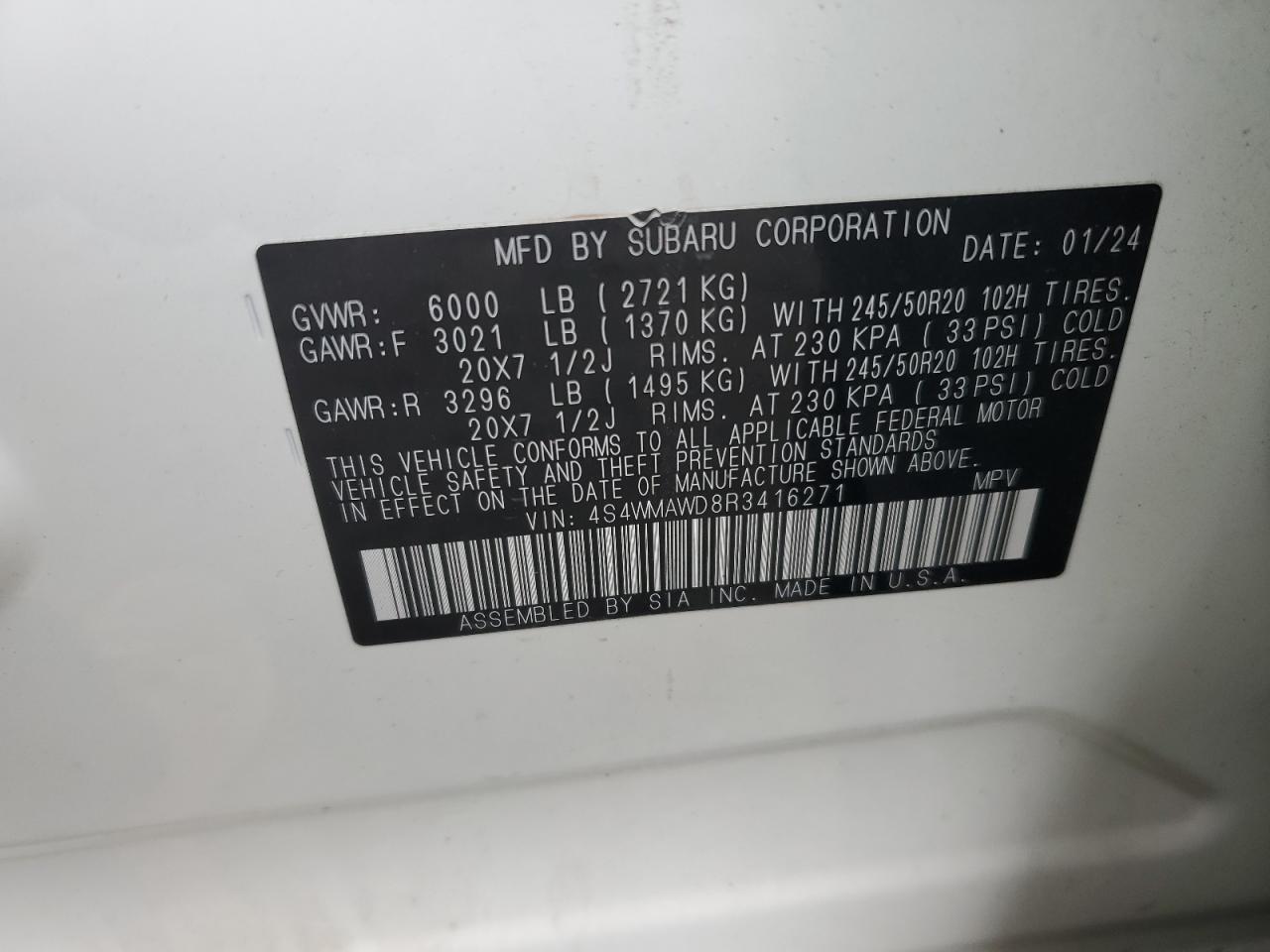 2024 SUBARU ASCENT TOURING VIN:4S4WMAWD8R3416271