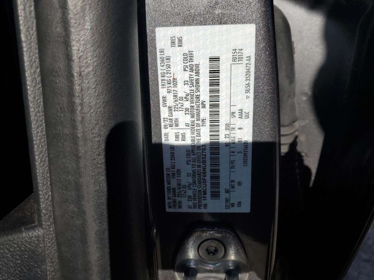 2022 FORD ESCAPE S VIN:1FMCU0F68NUB52763