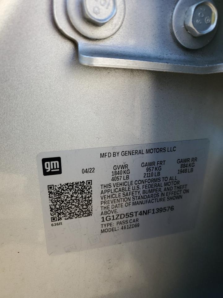 2022 CHEVROLET MALIBU LT VIN:1G1ZD5ST4NF139576