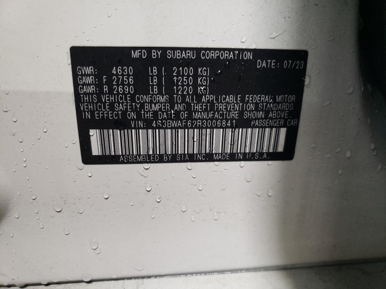 2024 SUBARU LEGACY PREMIUM VIN:4S3BWAF62R3006841