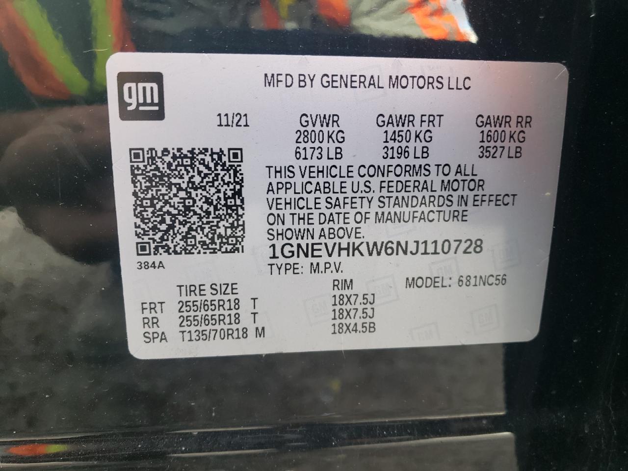 2022 CHEVROLET TRAVERSE LT VIN:1GNEVHKW6NJ110728