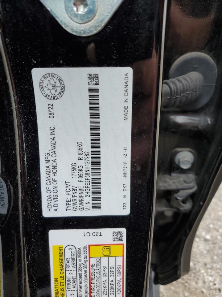 2022 HONDA CIVIC SPORT VIN:2HGFE2F58NH127982