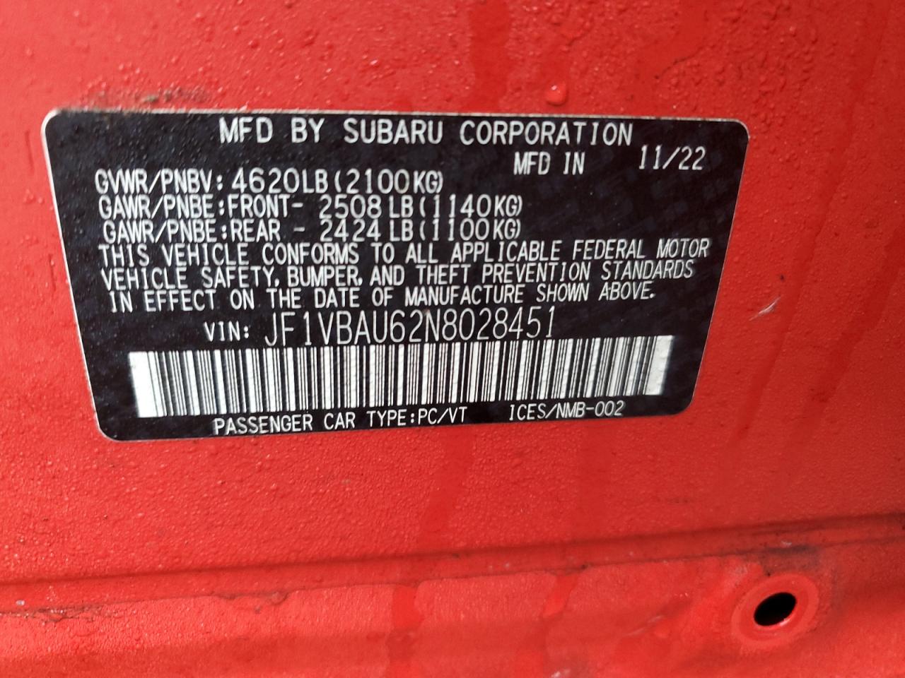 2022 SUBARU WRX GT VIN:JF1VBAU62N8028451