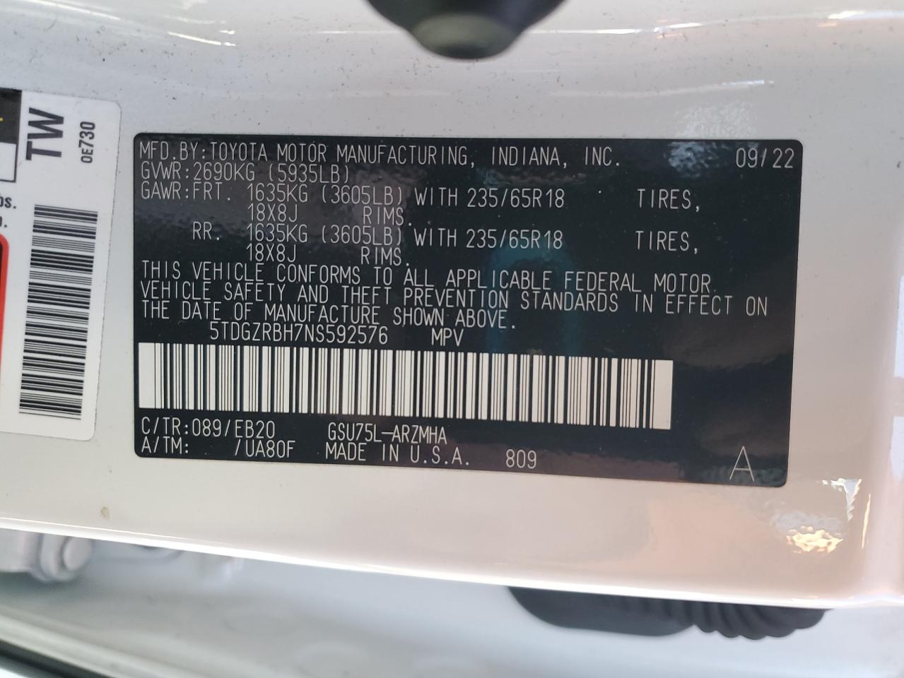 2022 TOYOTA HIGHLANDER XLE VIN:5TDGZRBH7NS592576