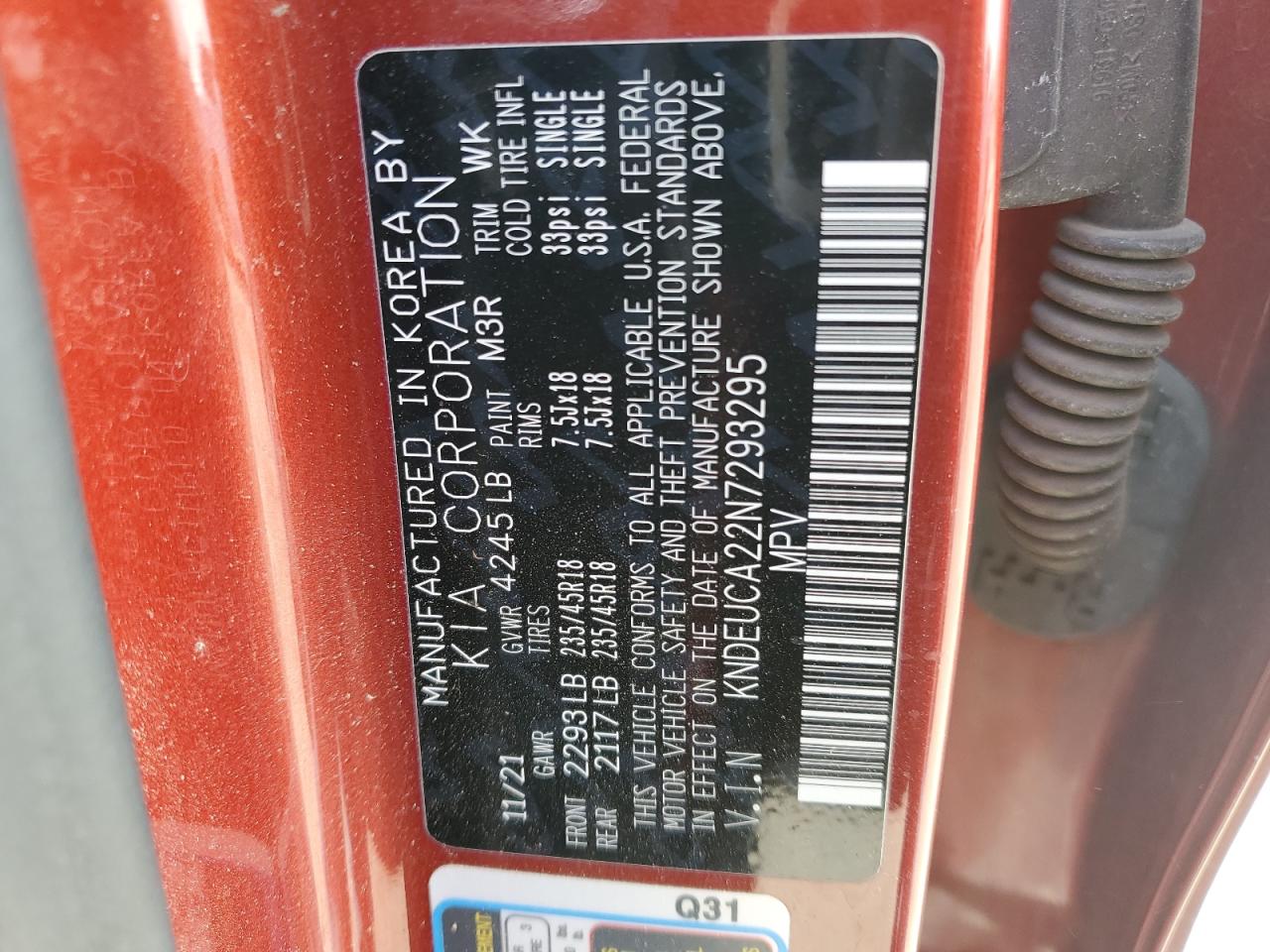 2022 KIA SELTOS NIGHTFALL VIN:KNDEUCA22N7293295