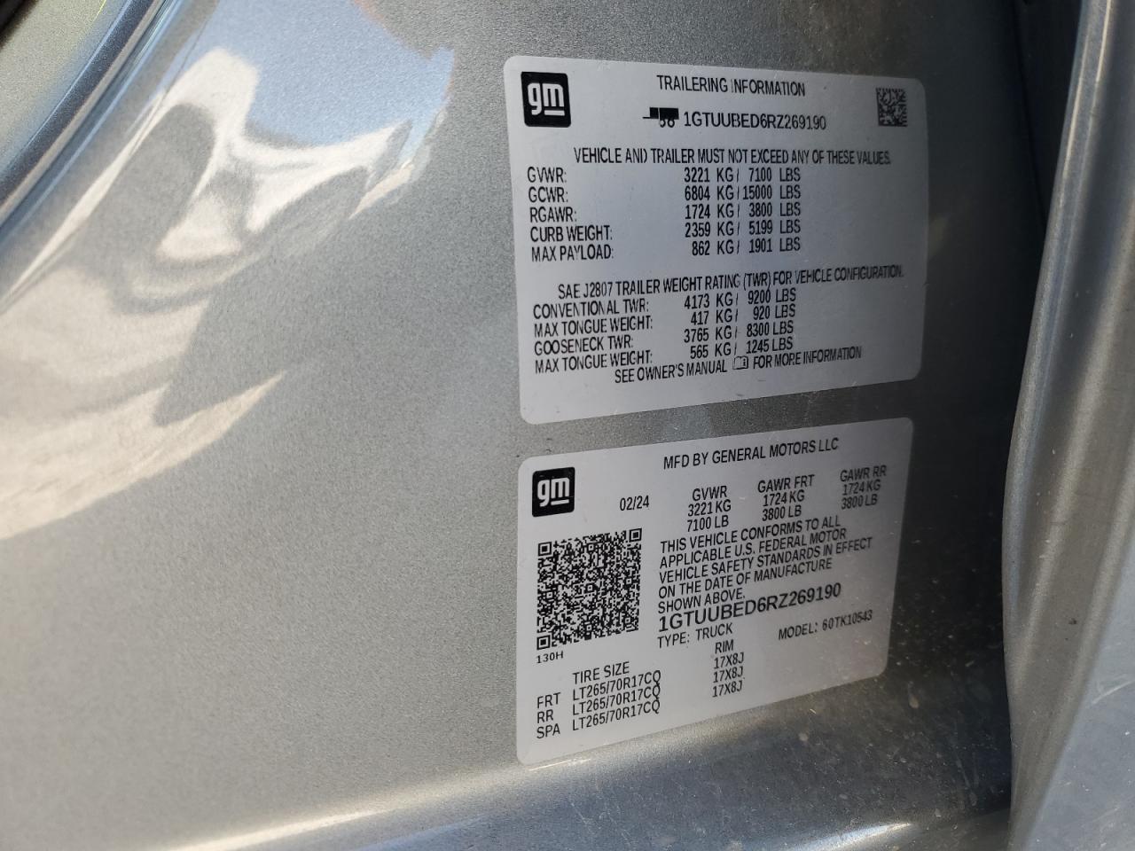 2024 GMC SIERRA K1500 SLE VIN:1GTUUBED6RZ269190