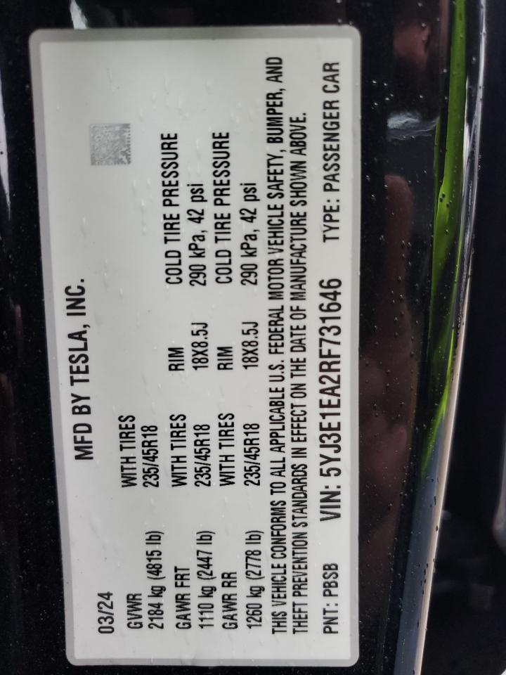 2024 TESLA MODEL 3  VIN:5YJ3E1EA2RF731646