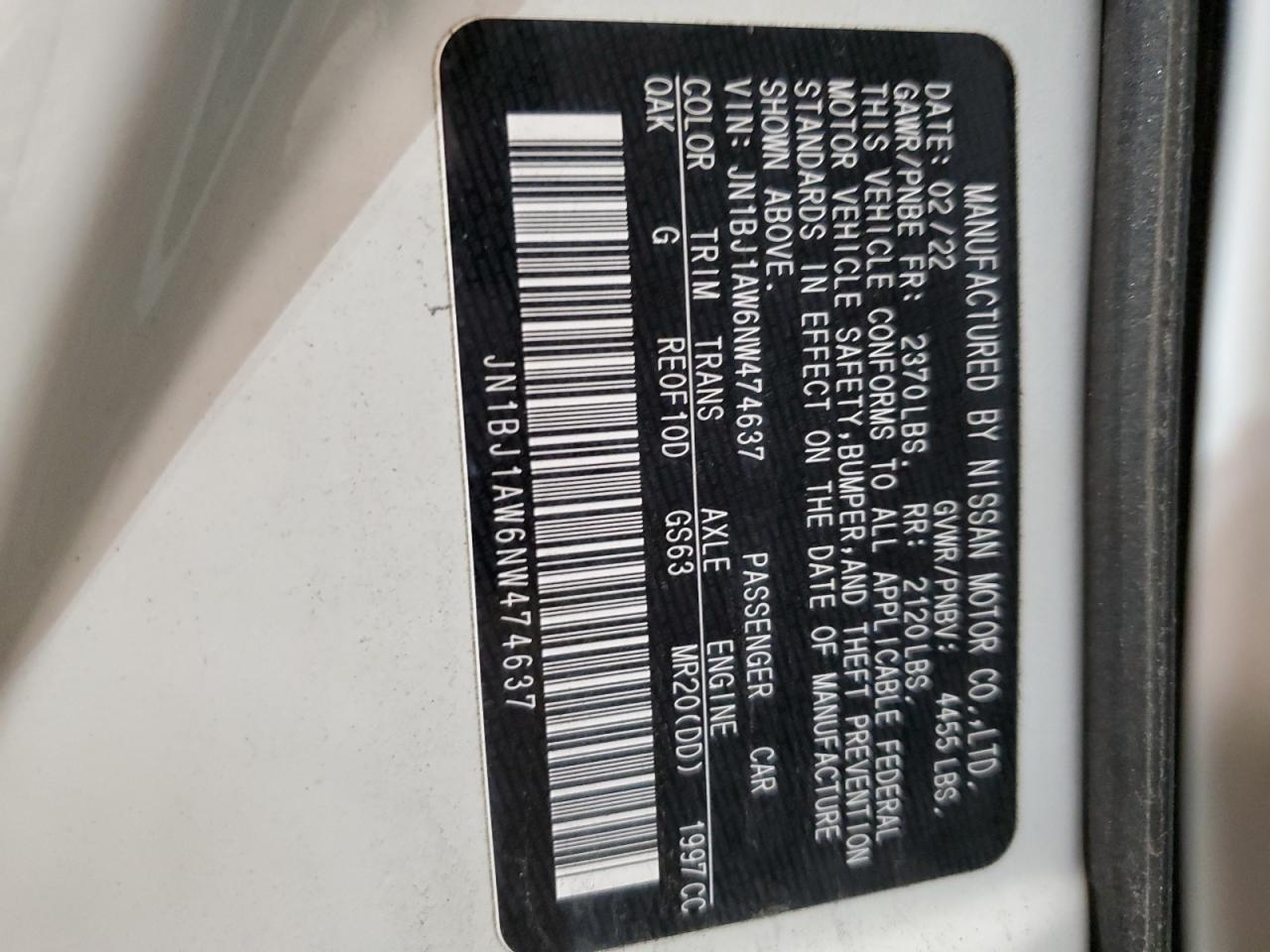 2022 NISSAN ROGUE SPORT S VIN:JN1BJ1AW6NW474637