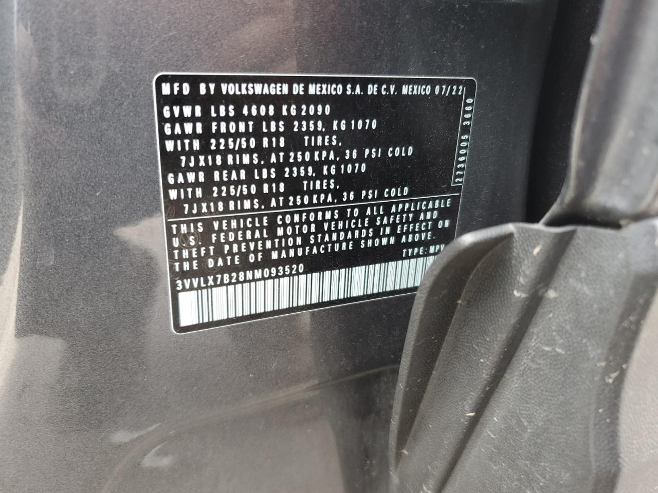 2022 VOLKSWAGEN TAOS SE IQ DRIVE VIN:3VVLX7B28NM093520