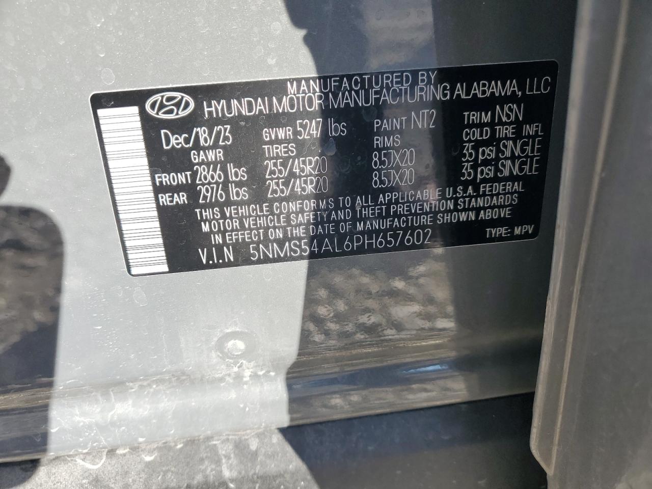 2023 HYUNDAI SANTA FE CALLIGRAPHY VIN:5NMS54AL6PH657602