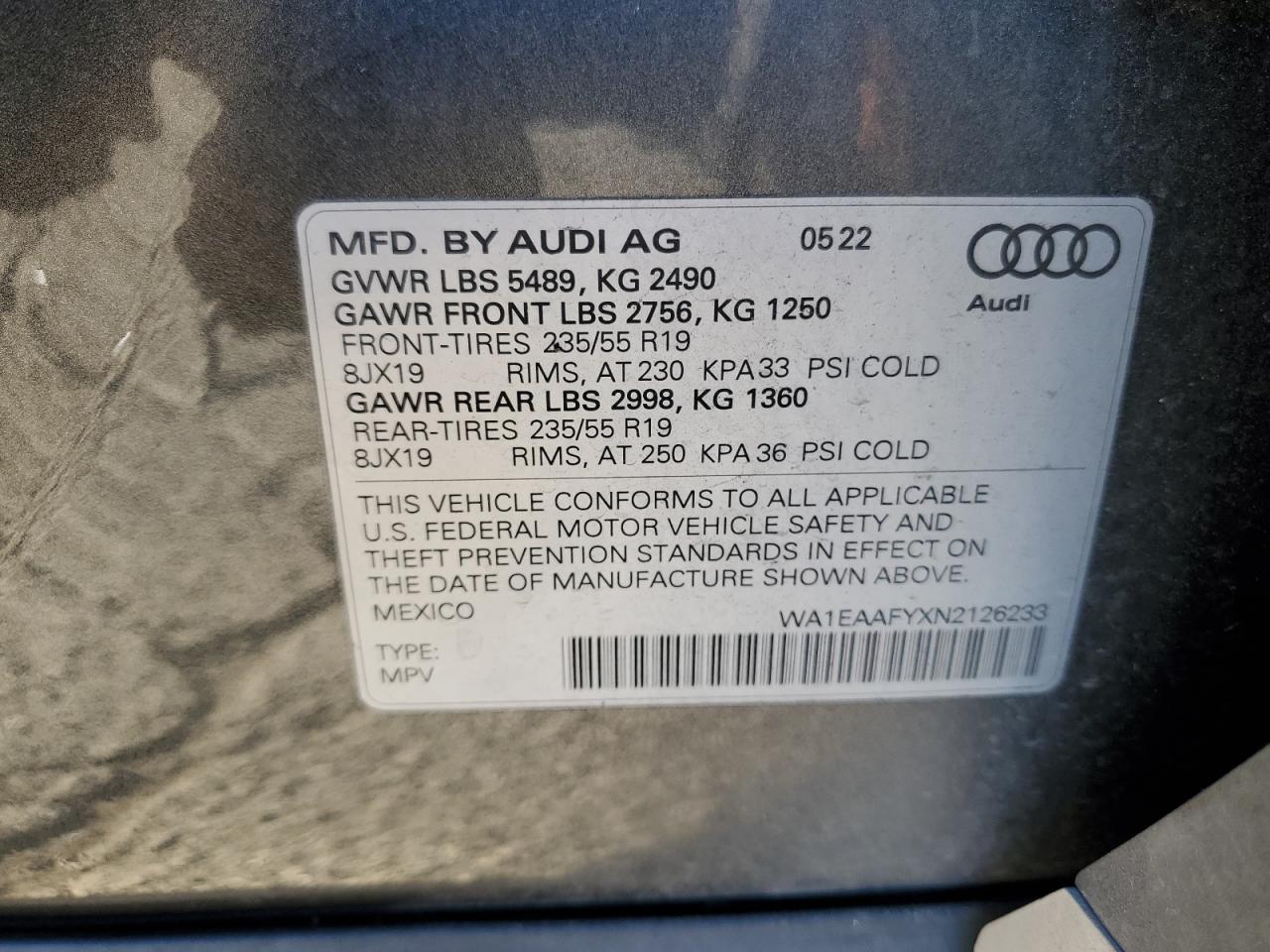 2022 AUDI Q5 PREMIUM PLUS 45 VIN:WA1EAAFYXN2126233