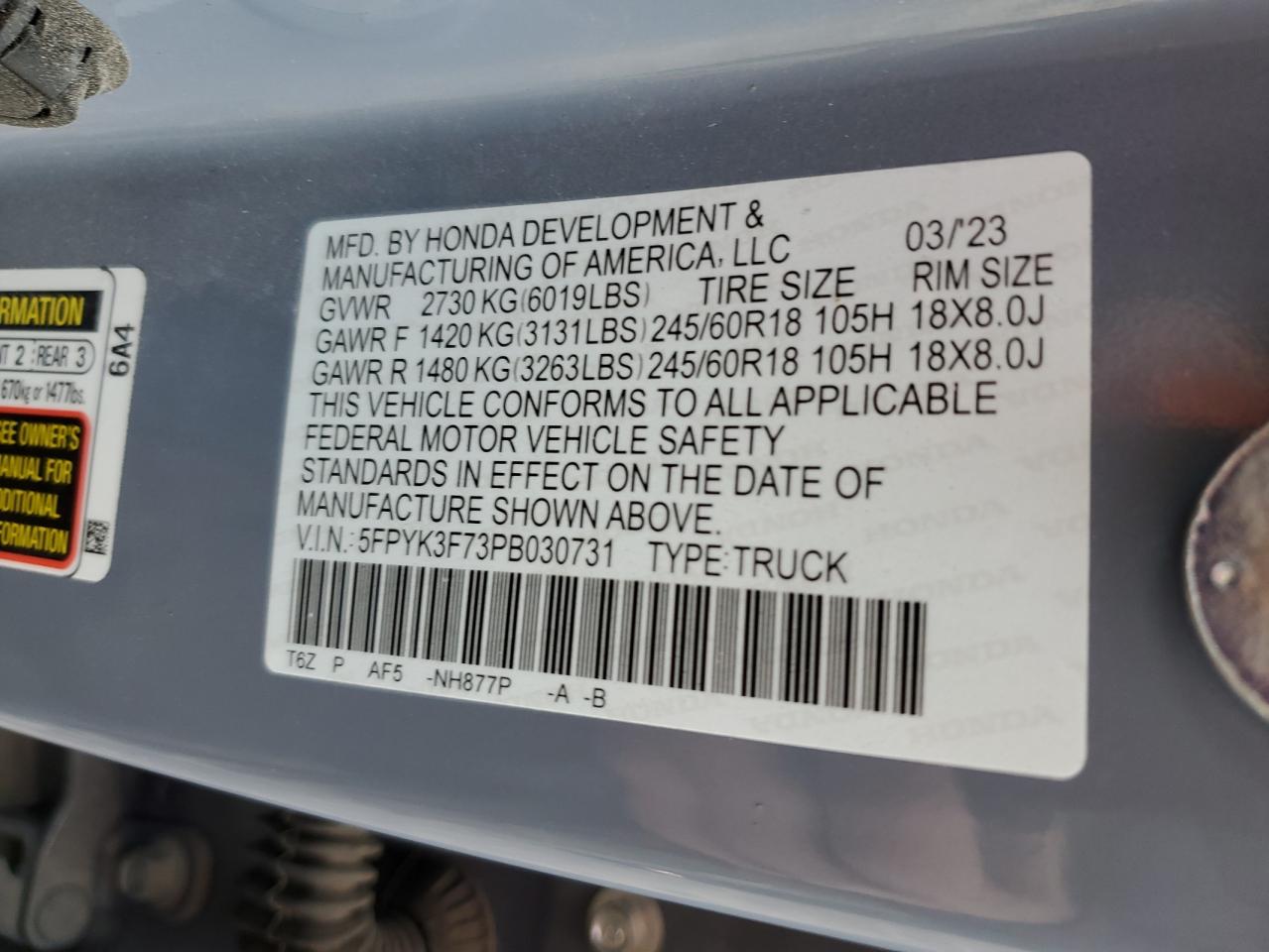 2023 HONDA RIDGELINE RTL-E VIN:5FPYK3F73PB030731