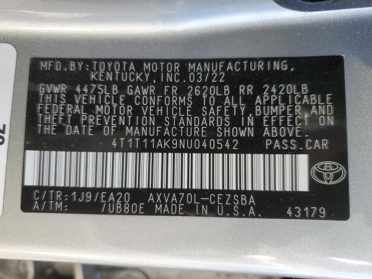 2022 TOYOTA CAMRY SE VIN:4T1T11AK9NU040542