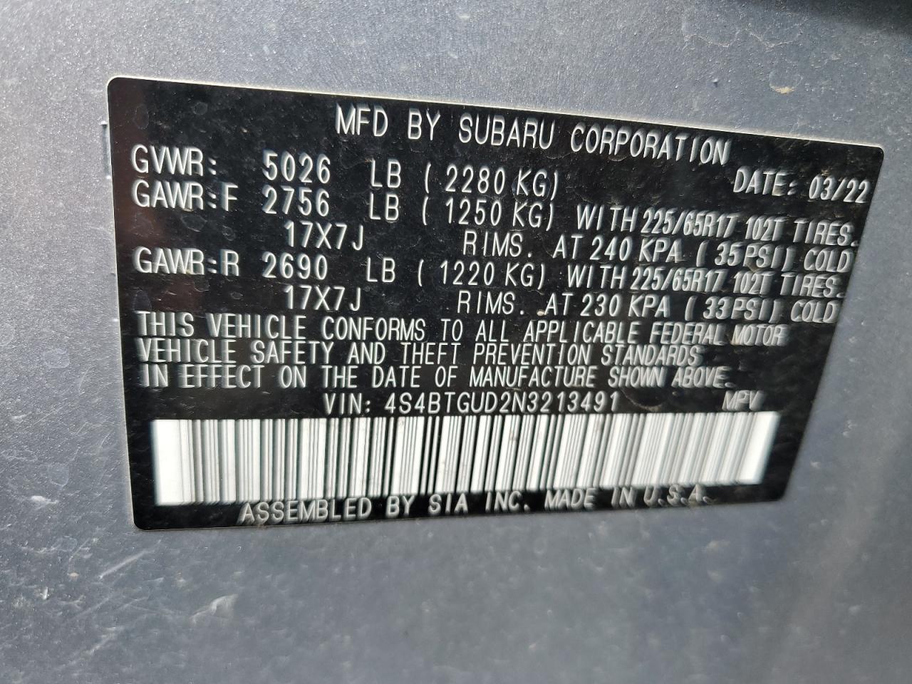 2022 SUBARU OUTBACK WILDERNESS VIN:4S4BTGUD2N3213491