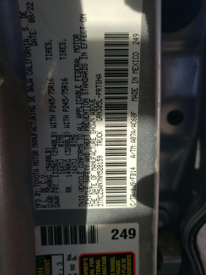 2022 TOYOTA TACOMA DOUBLE CAB VIN:3TMCZ5AN7NM520159