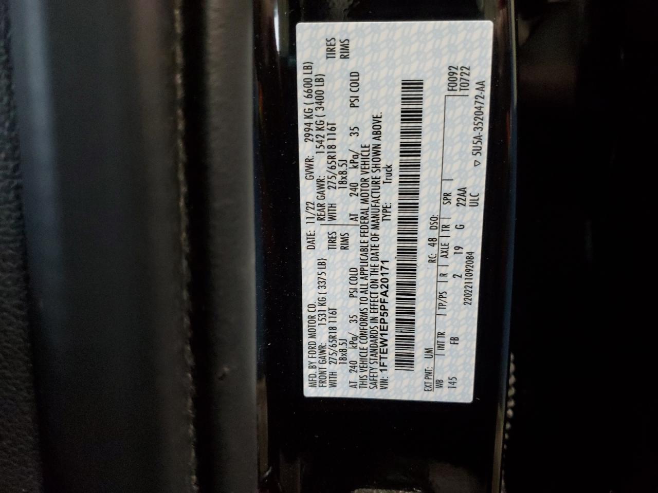 2023 FORD F150 SUPERCREW VIN:1FTEW1EP5PFA20171