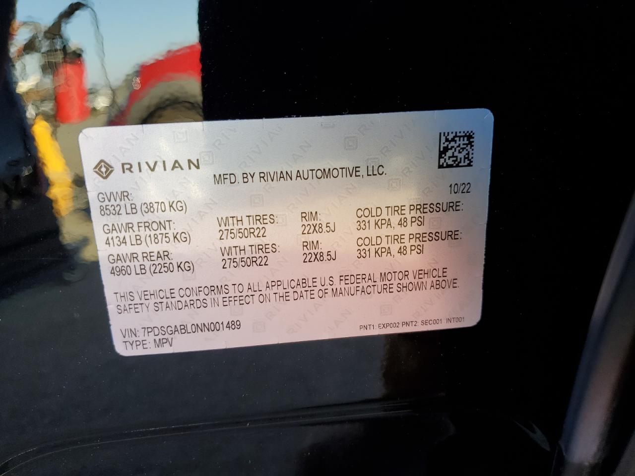 2022 RIVIAN R1S LAUNCH EDITION VIN:7PDSGABL0NN001489