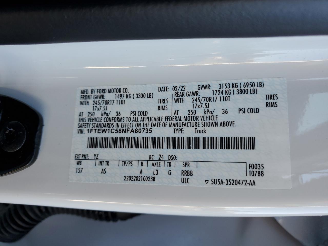 2022 FORD F150 SUPERCREW VIN:1FTEW1C58NFA80735