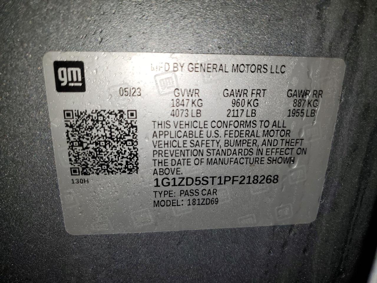 2023 CHEVROLET MALIBU LT VIN:1G1ZD5ST1PF218268