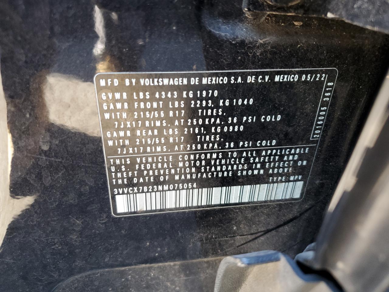 2022 VOLKSWAGEN TAOS S VIN:3VVCX7B23NM075054