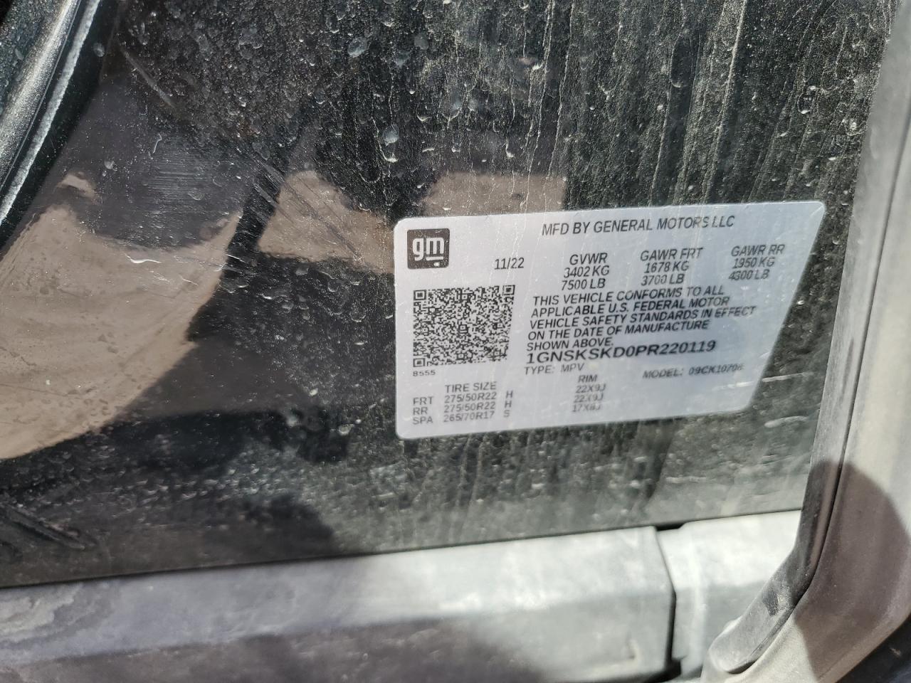 2023 CHEVROLET TAHOE K1500 PREMIER VIN:1GNSKSKD0PR220119