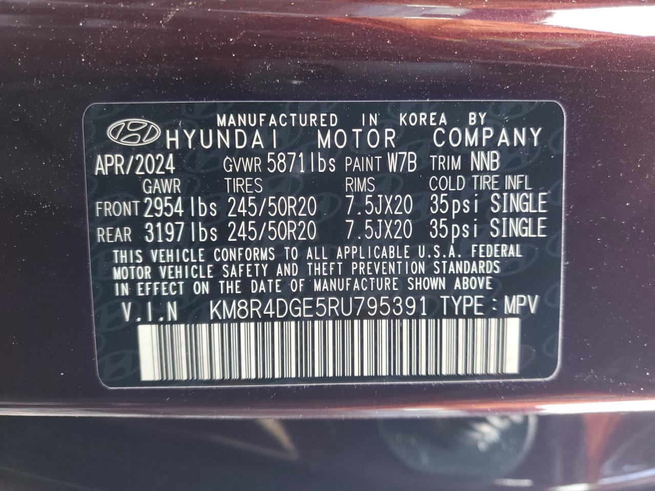 2024 HYUNDAI PALISADE SEL PREMIUM VIN:KM8R4DGE5RU795391