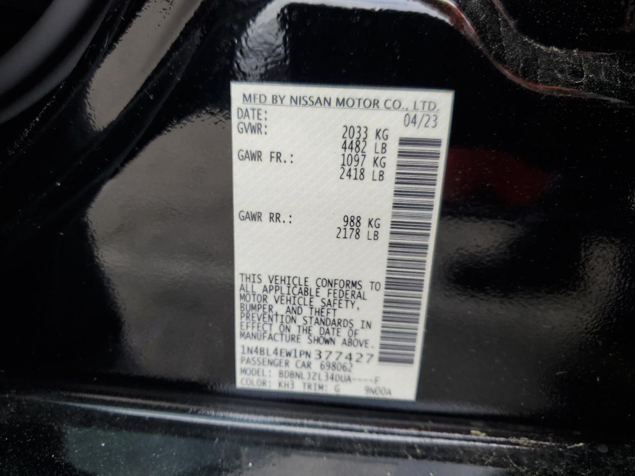 2023 NISSAN ALTIMA SL VIN:1N4BL4EW1PN377427