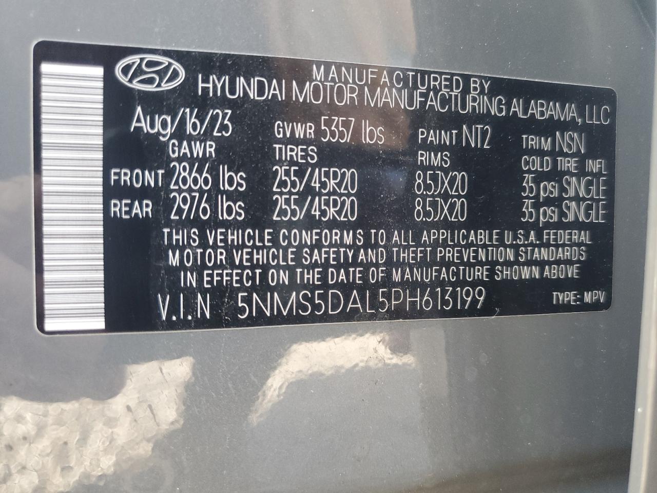 2023 HYUNDAI SANTA FE CALLIGRAPHY VIN:5NMS5DAL5PH613199