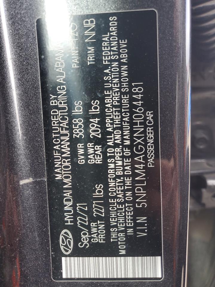2022 HYUNDAI ELANTRA SEL VIN:5NPLM4AGXNH064481