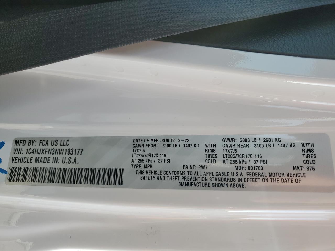 2022 JEEP WRANGLER UNLIMITED RUBICON VIN:1C4HJXFN3NW193177