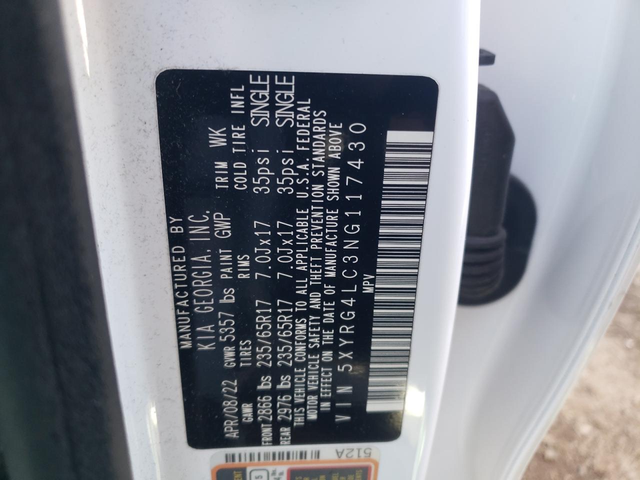 2022 KIA SORENTO LX VIN:5XYRG4LC3NG117430