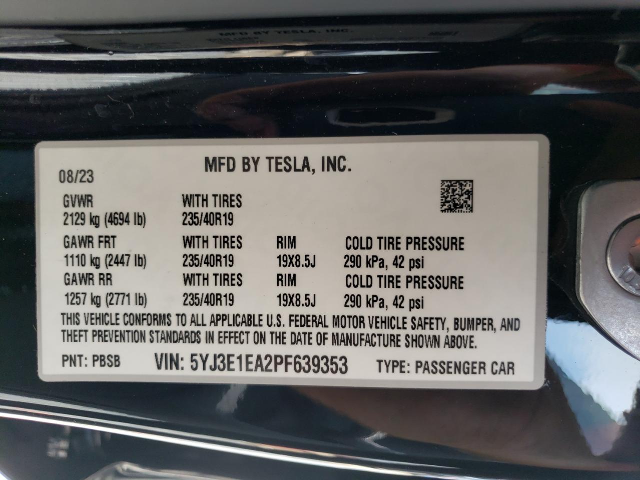 2023 TESLA MODEL 3  VIN:5YJ3E1EA2PF639353