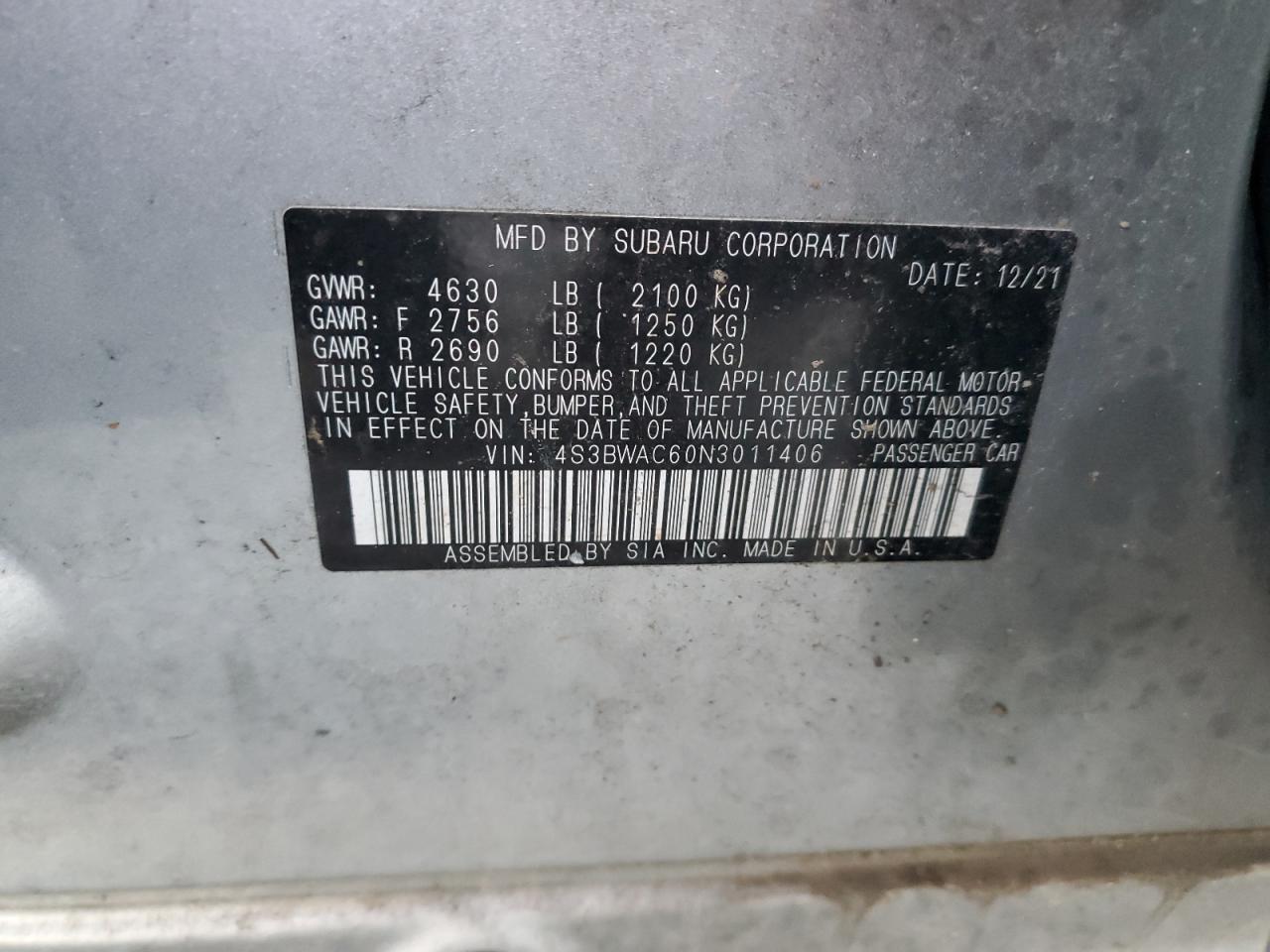 2022 SUBARU LEGACY PREMIUM VIN:4S3BWAC60N3011406