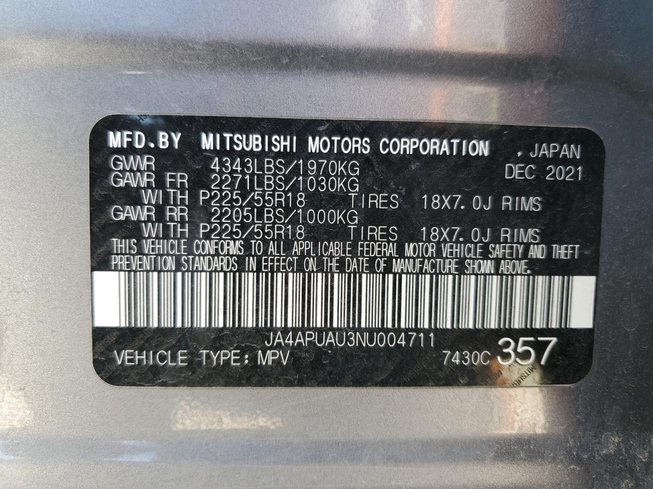 2022 MITSUBISHI OUTLANDER SPORT ES VIN:JA4APUAU3NU004711