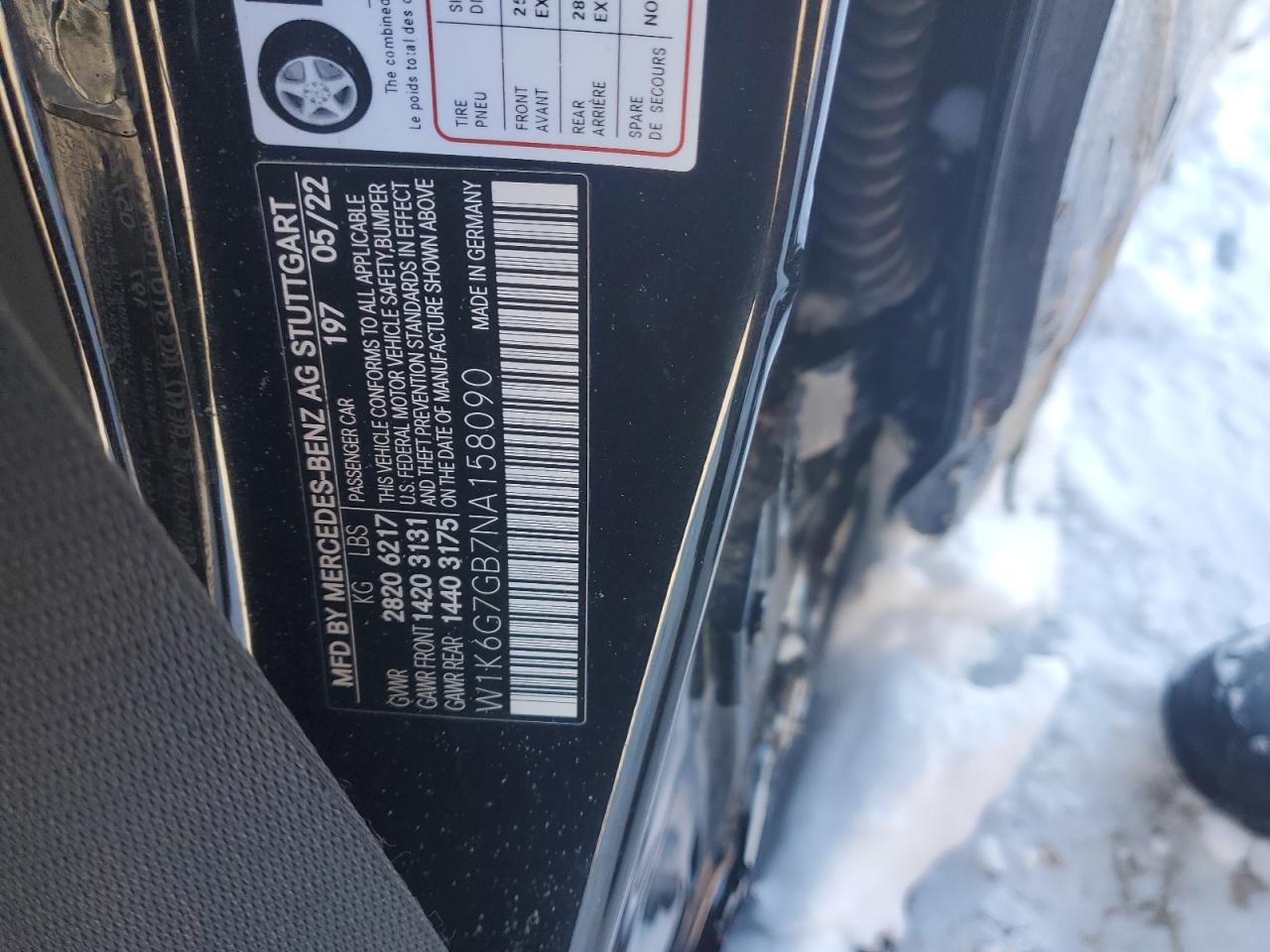 2022 MERCEDES-BENZ S 580 4MATIC VIN:W1K6G7GB7NA158090